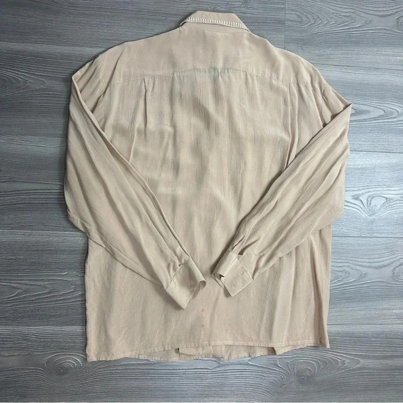 VINTAGE Tan Silk Button Down Shirt with Embroidered Details - Picture 7 of 9